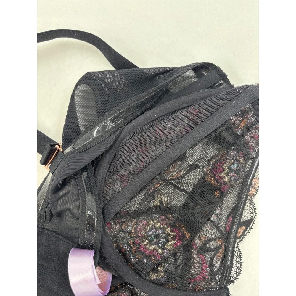 Savage X Fenty Nymph Nouveau Lace Bra Womens 38D Black Metallic Floral‎ Lace